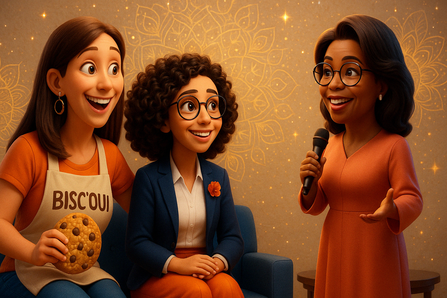 Image générée de Cynthia Luca, Hanane Risayindi et Oprah Winfrey réunies dans une vision inspirante de leadership féminin – création fictive<br />