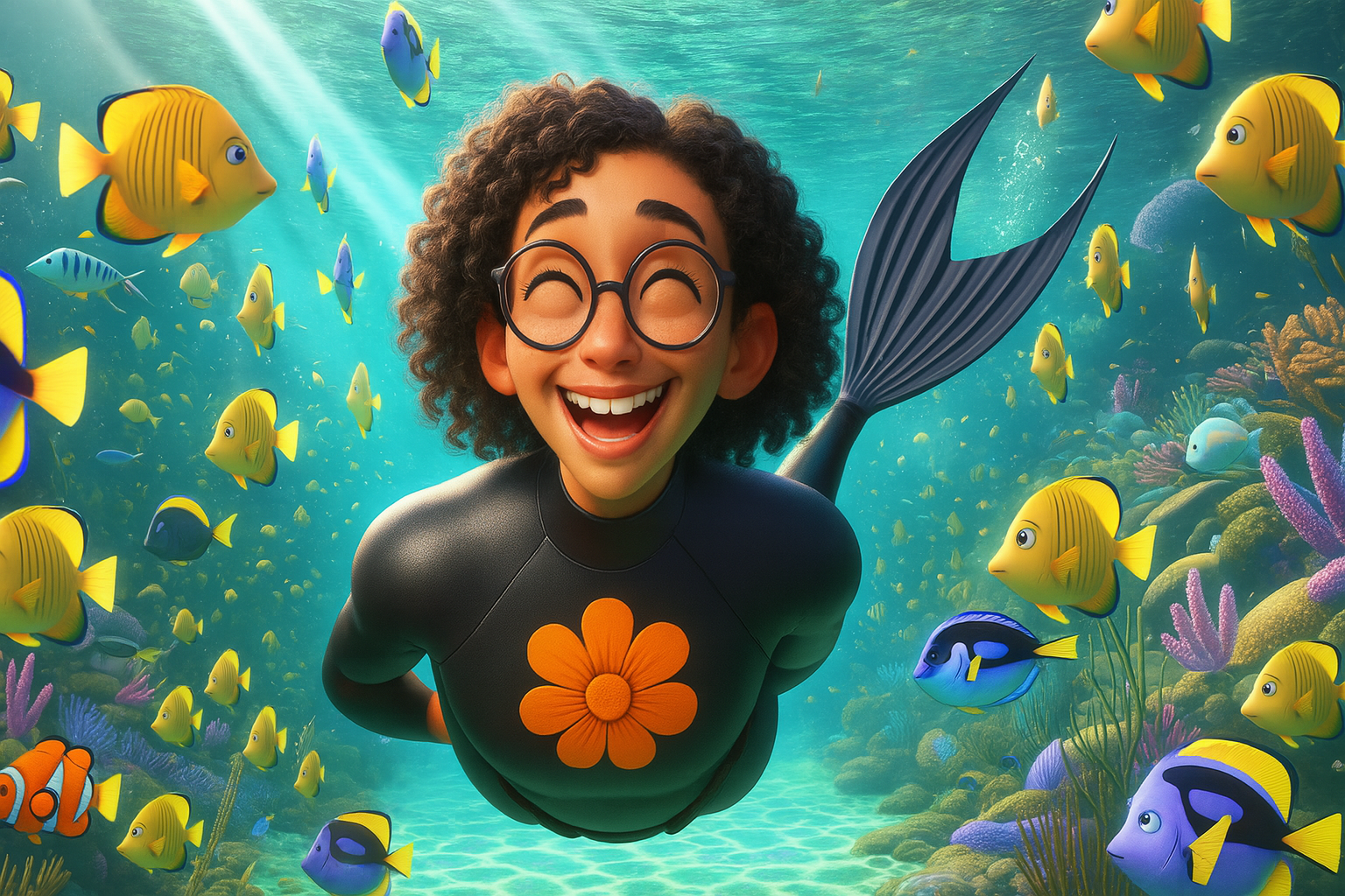 Hanane nage au milieu d’une communauté de poissons, symbolisant un écosystème bienveillant et connecté grâce à la philosophie LinkedIn4Pro fondée sur le lien, la valeur et le respect.</p>
<p>